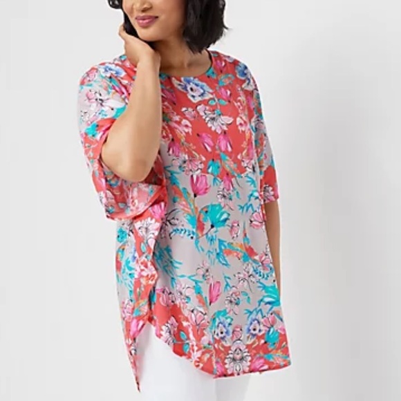 Tolani Tops - Tolani Collection Regular Printed Woven Caftan Tunic Poppy Floral Print.